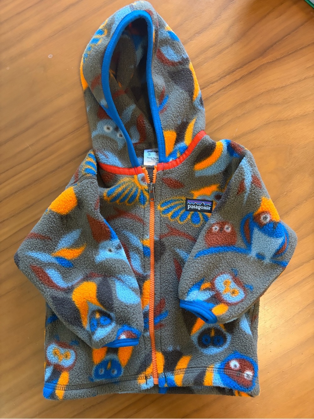 Patagonia baby Fleece Pullover - Olive with Orange & Blue Accents